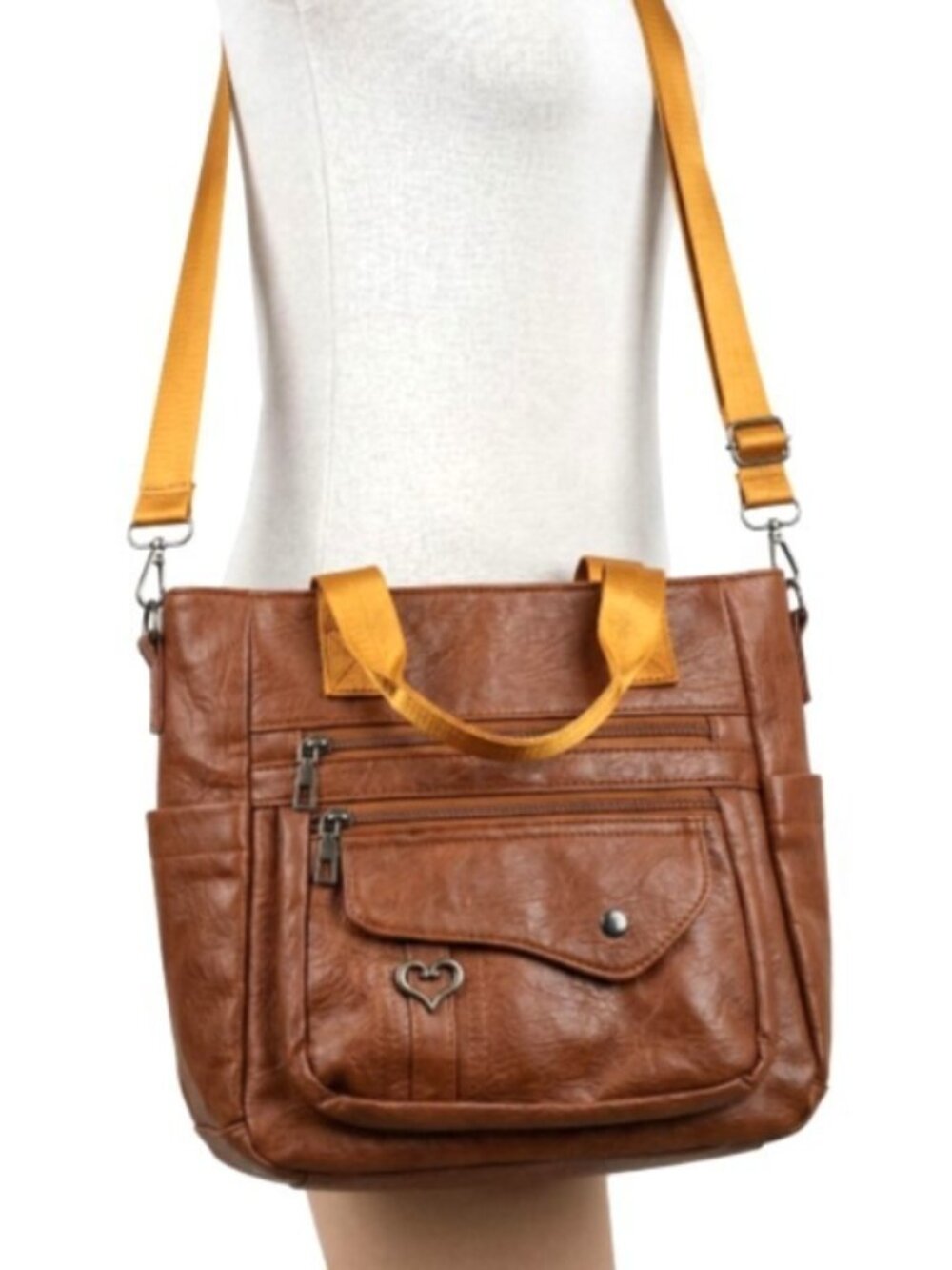 Brown Vegan Leather Multi-Pocket Tote Bag Crossbody Satchel Purse Heart Detail